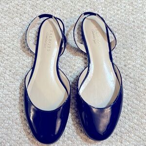 Navy blue patent leather Talbots slingbacks.